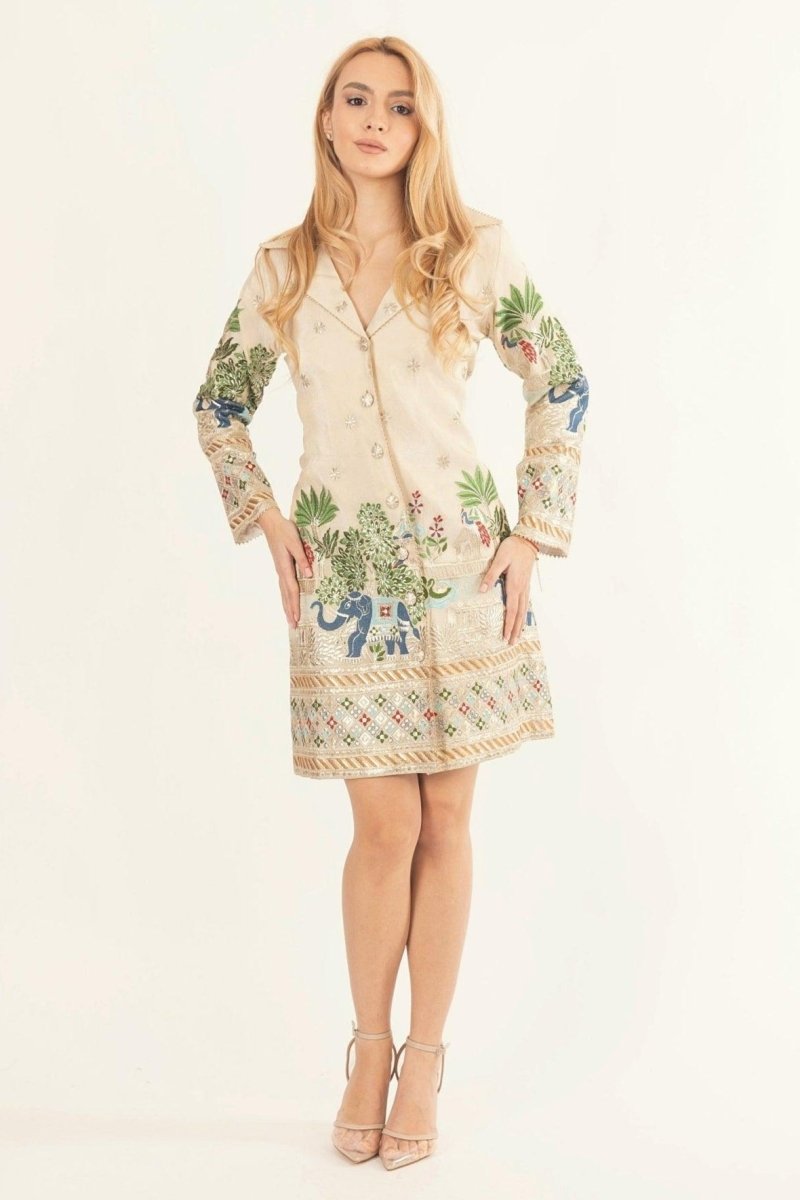 Beige silk blazer mini dress styled for daily wear and office