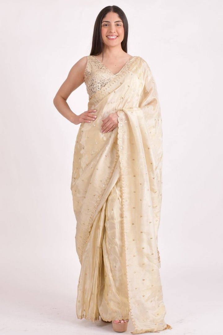 Beige Silk Pre - Pleated Embroidered Saree SAREE RAAS