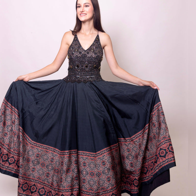 Black silk Ajrakh long dress with heavy hand-embroidered stone and resham work, V-neckline.