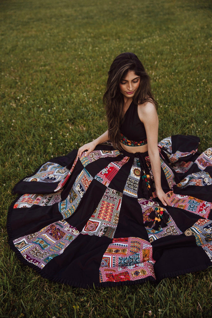 Black Chaniya Choli with Halter Neck Embroidered Blouse-[comfort-first-design]-[lightweight]-Raas