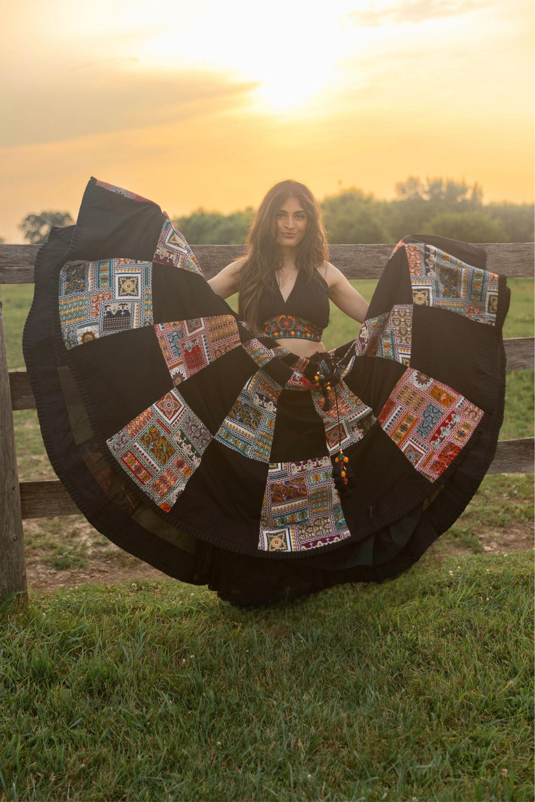 Black Chaniya Choli with Halter Neck Embroidered Blouse-[comfort-first-design]-[lightweight]-Raas