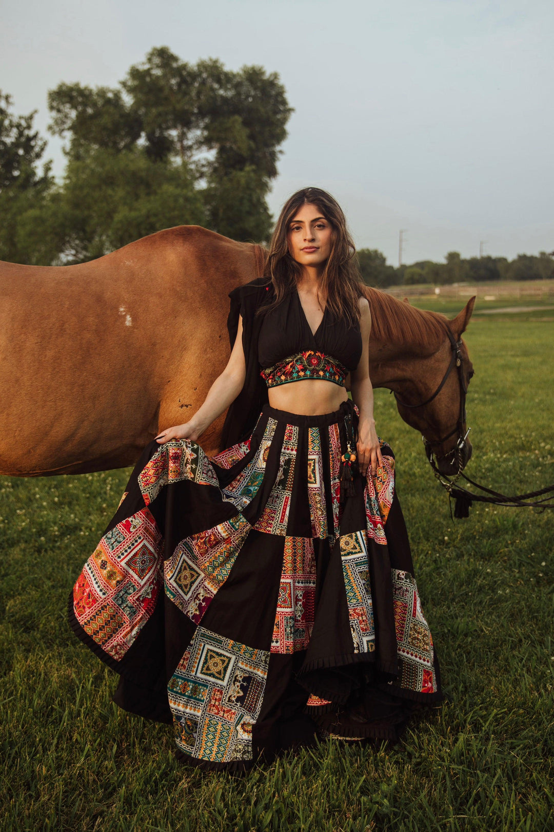 Black Chaniya Choli with Halter Neck Embroidered Blouse-[comfort-first-design]-[lightweight]-Raas