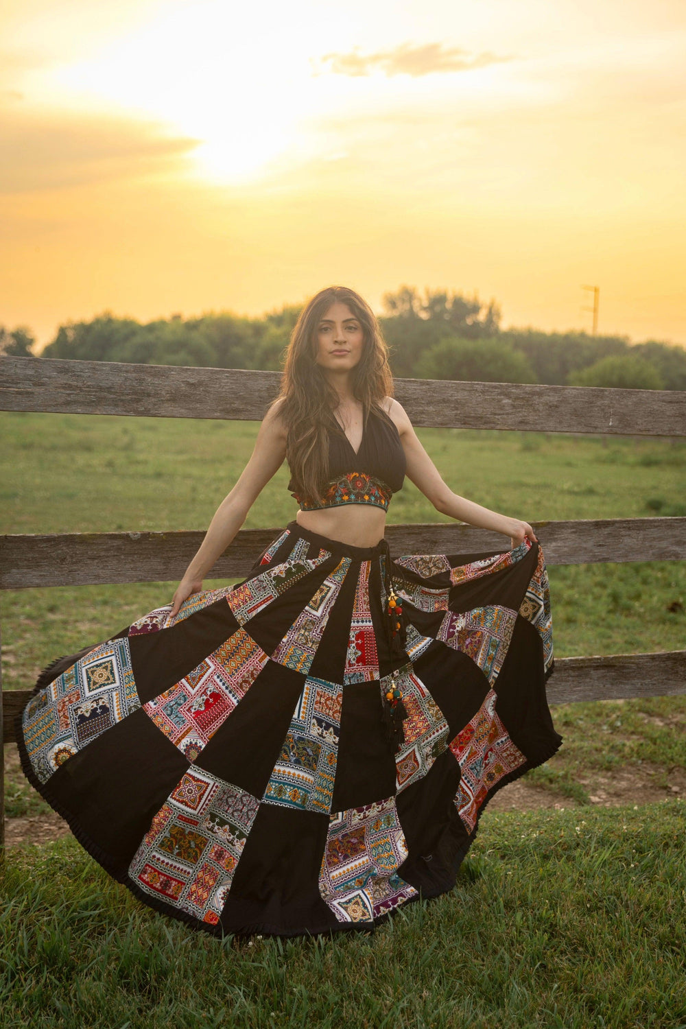 Black Chaniya Choli with Halter Neck Embroidered Blouse-[comfort-first-design]-[lightweight]-Raas