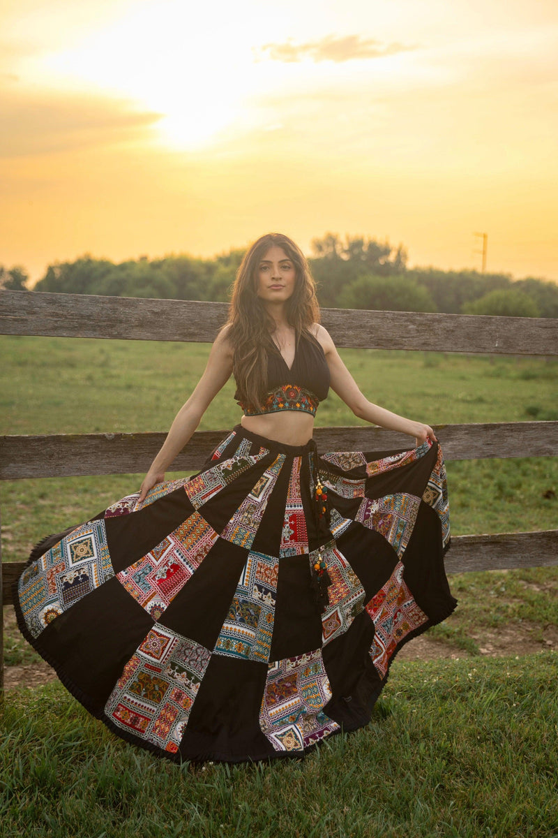 Black Chaniya Choli with Halter Neck Embroidered Blouse-[comfort-first-design]-[lightweight]-Raas