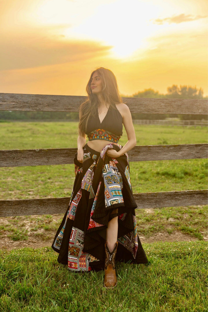 Black Chaniya Choli with Halter Neck Embroidered Blouse-[comfort-first-design]-[lightweight]-Raas