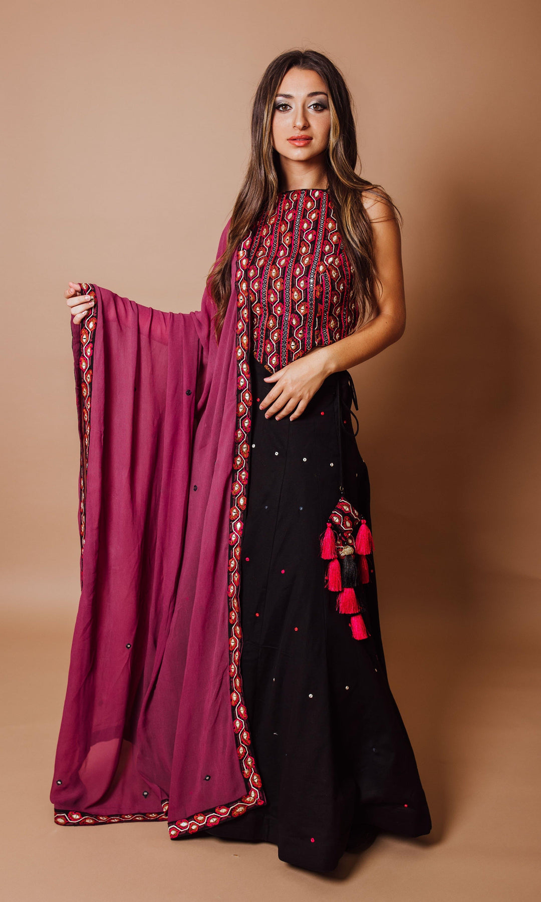 Black Chaniya with Heavily Embroidered Blouse-Raas USA