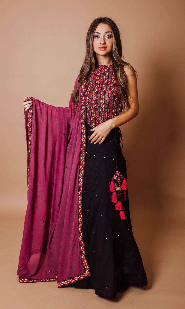 Black Chaniya with Heavily Embroidered Blouse-Raas USA