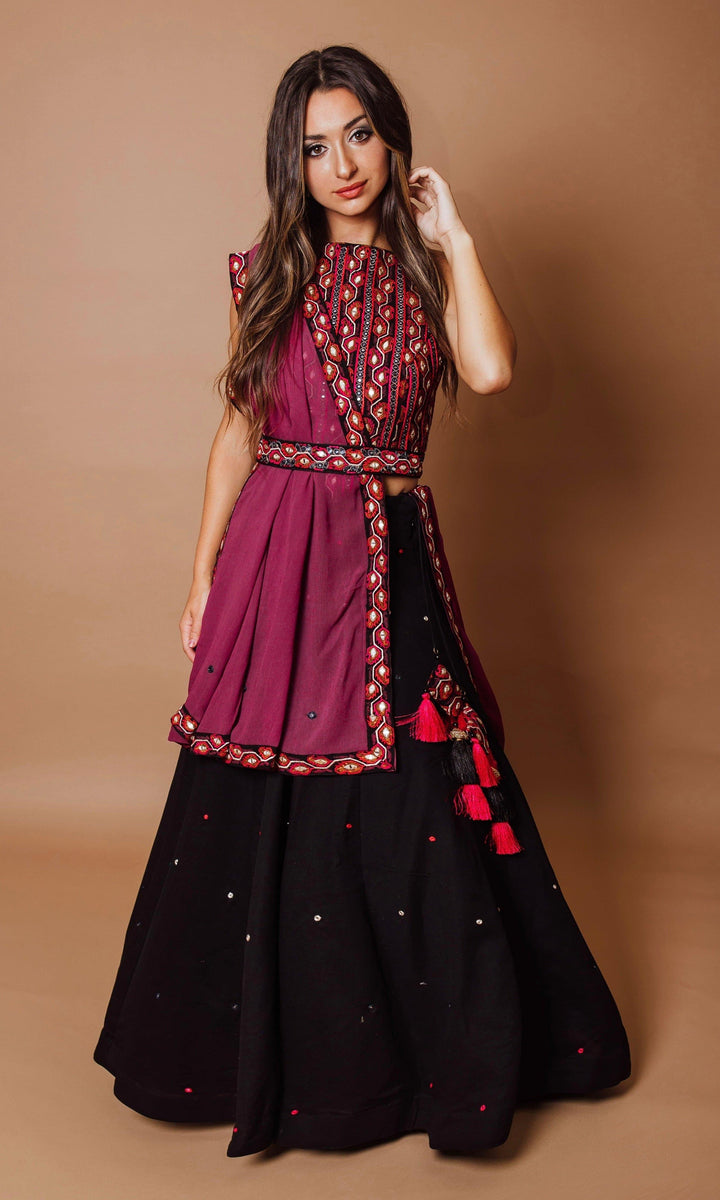 Black Chaniya with Heavily Embroidered Blouse-Raas USA
