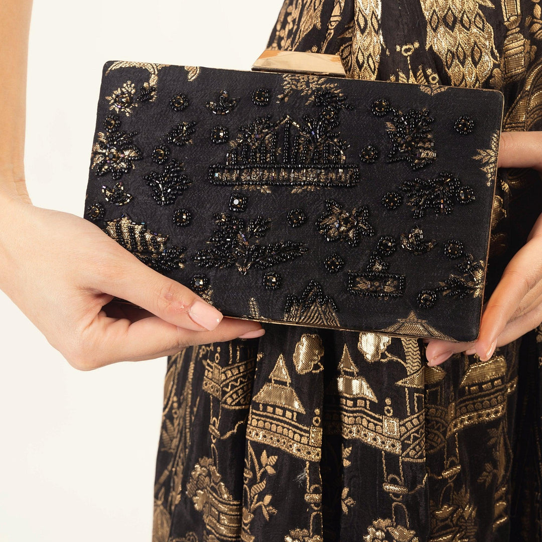 Black Clutch With Hand embroidery-Raas USA
