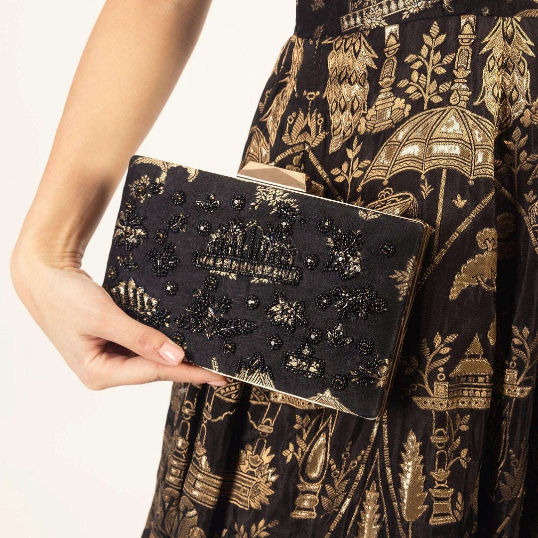 Black Clutch With Hand embroidery-Raas USA