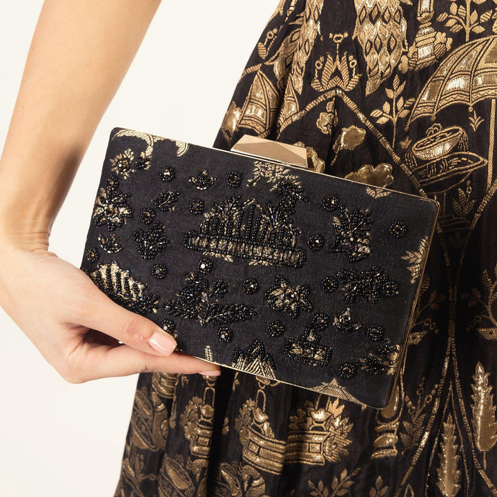 Black Clutch With Hand embroidery-Raas USA