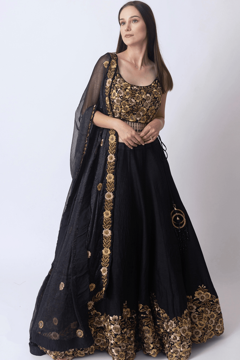 black dress purple heels Black Floral Hand Embroidered Lehenga Choli Set