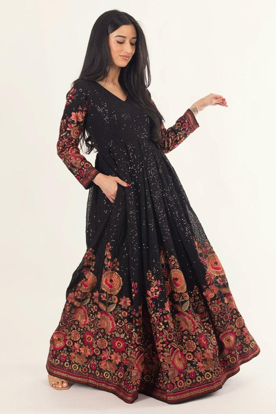 Black Floral Sequins Embroidered Gown-Raas USA