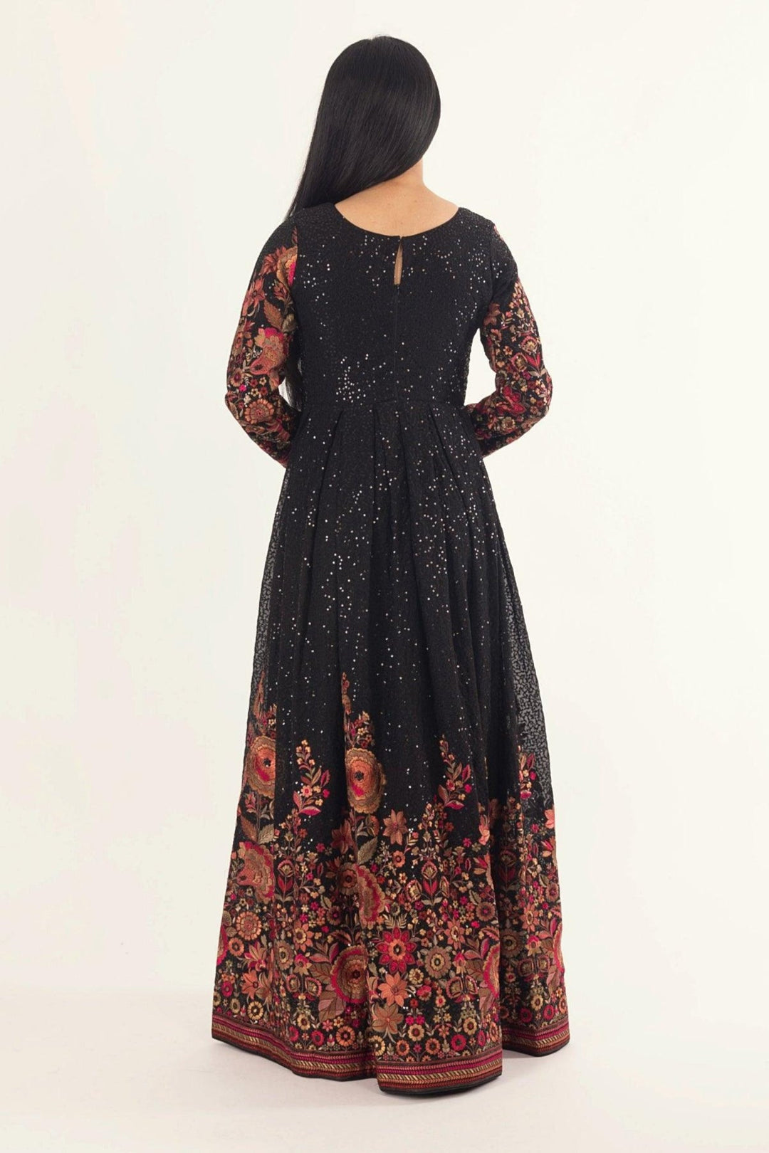 Black Floral Sequins Embroidered Gown-Raas USA