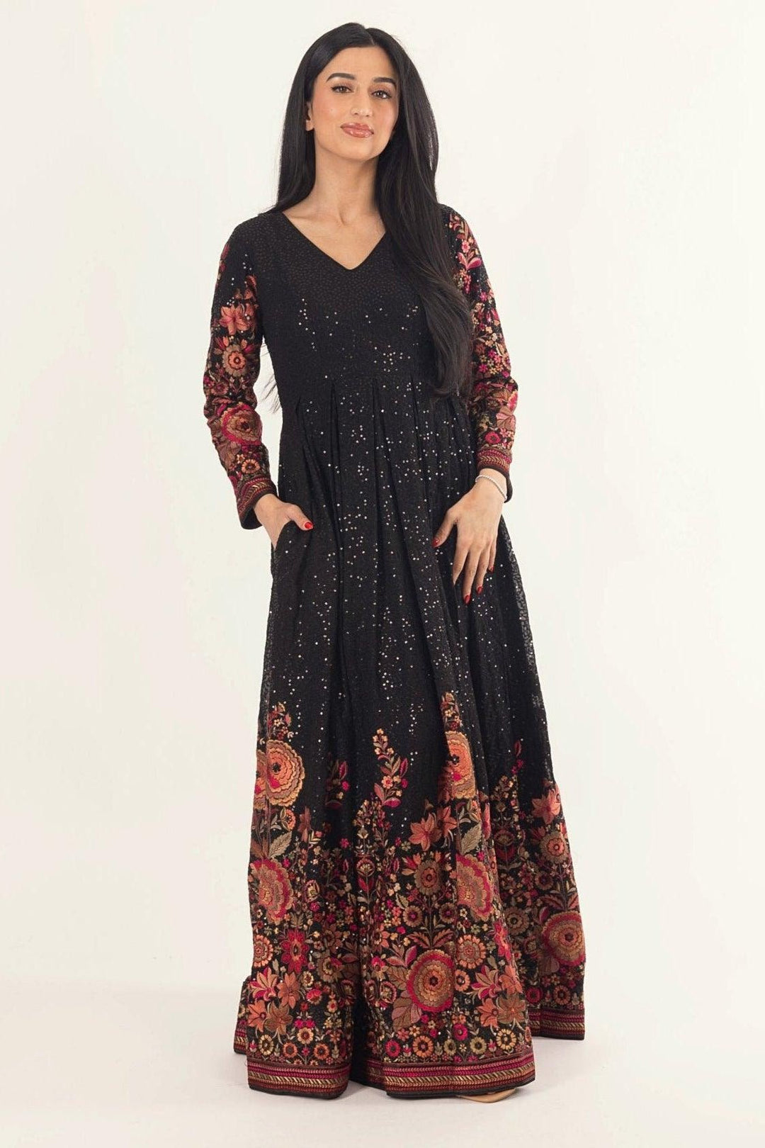 Black Floral Sequins Embroidered Gown-Raas USA