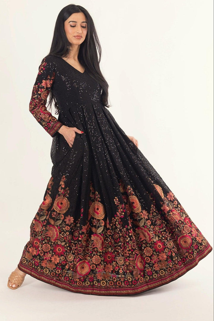 Black Floral Sequins Embroidered Gown-Raas USA