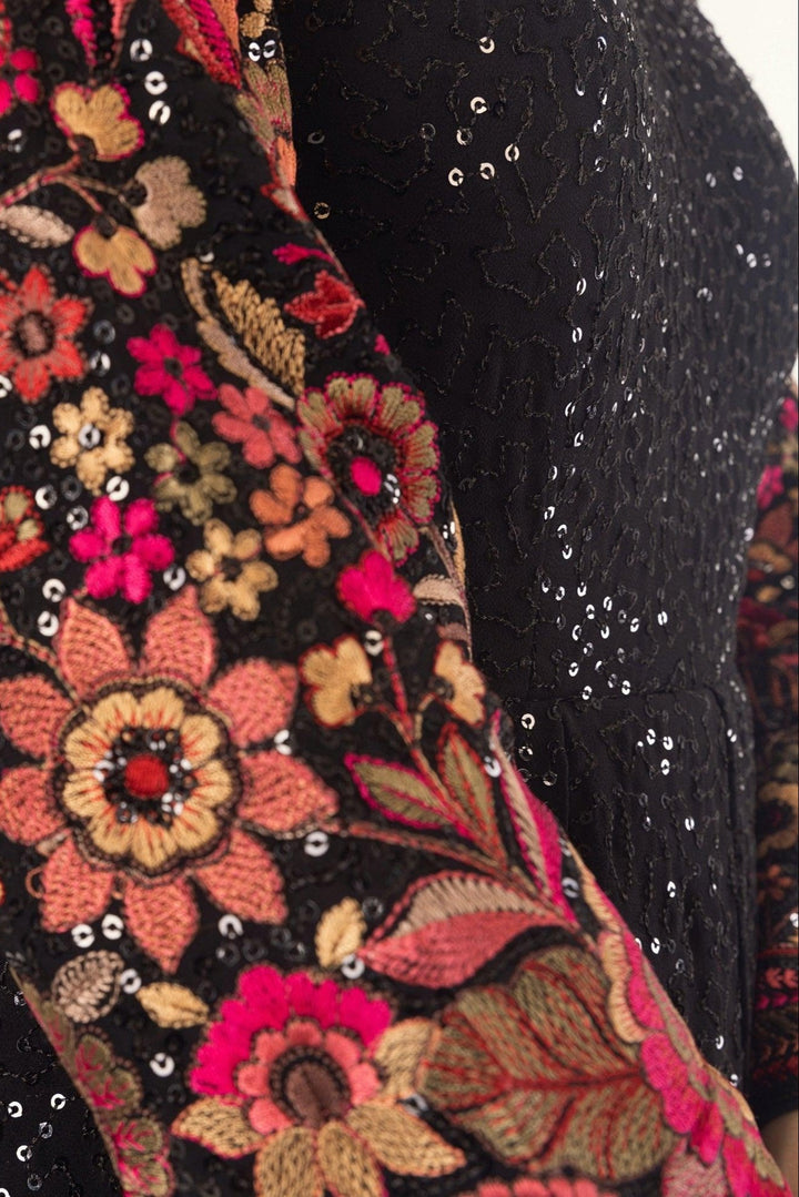Black Floral Sequins Embroidered Gown-Raas USA