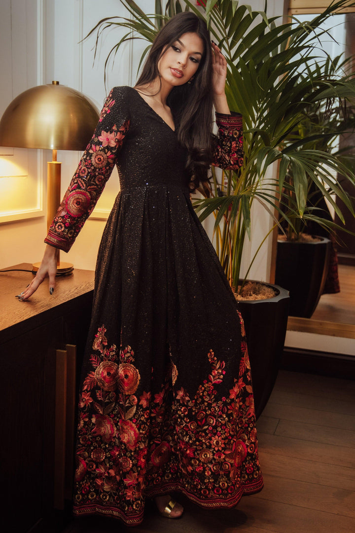 Black Floral Sequins Embroidered Gown-Raas USA