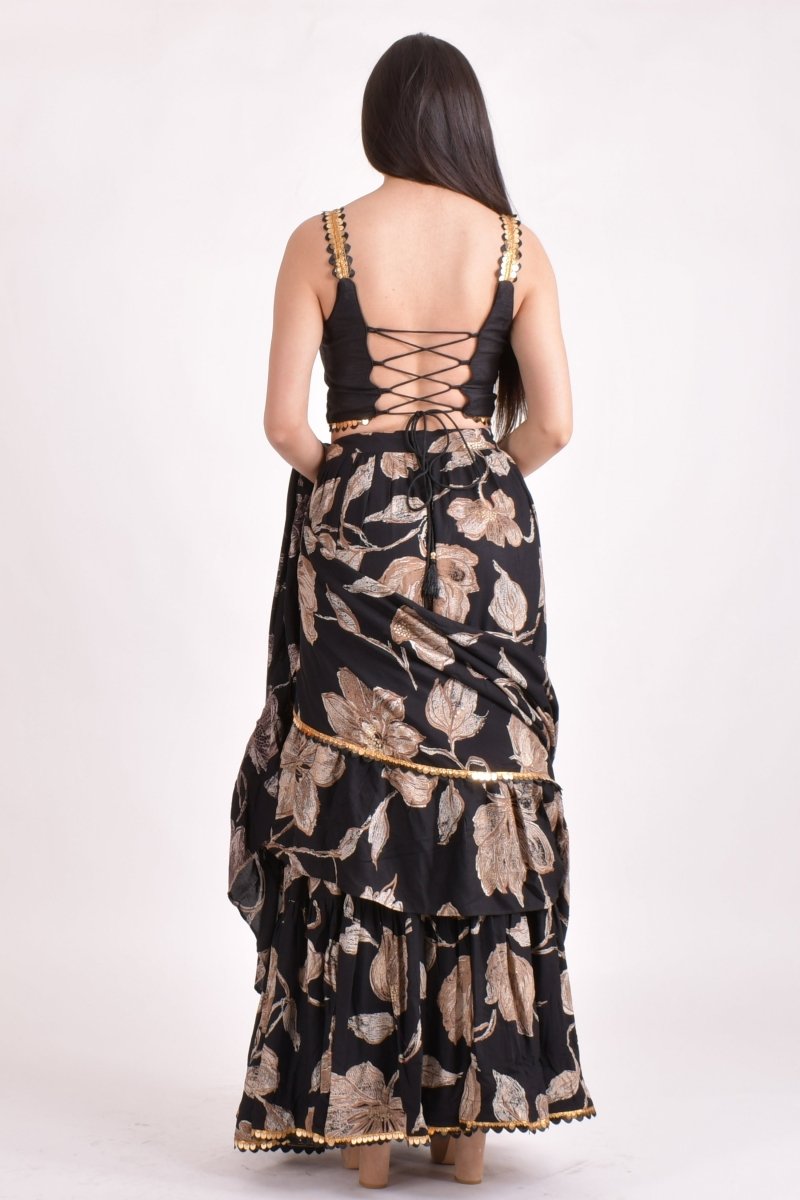 Black Floral Sequins Ruffle Saree-[ruffle_ready_to_wear_saree]-Raas