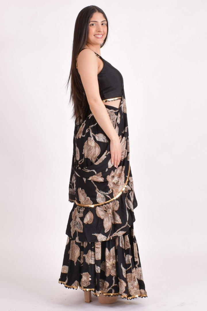 Black Floral Sequins Ruffle Saree-[ruffle_ready_to_wear_saree]-Raas