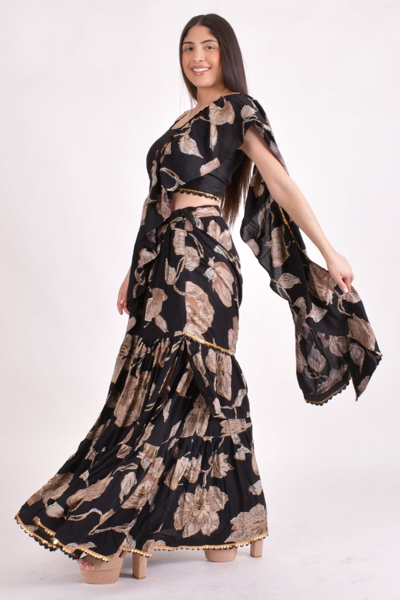 Black Floral Sequins Ruffle Saree-[ruffle_ready_to_wear_saree]-Raas