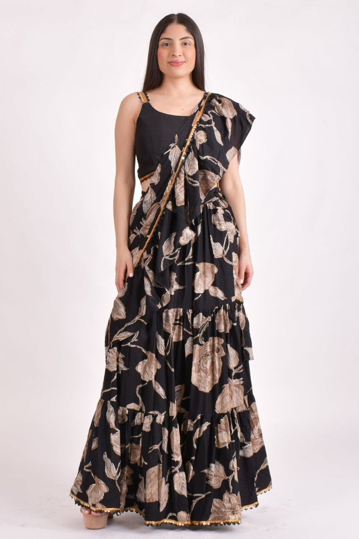 Black Floral Sequins Ruffle Saree-[ruffle_ready_to_wear_saree]-Raas