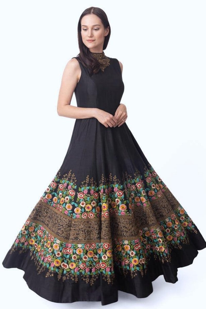 Black High Neck Gown with Floral Embroidery-[bridal_lehenga]-Raas