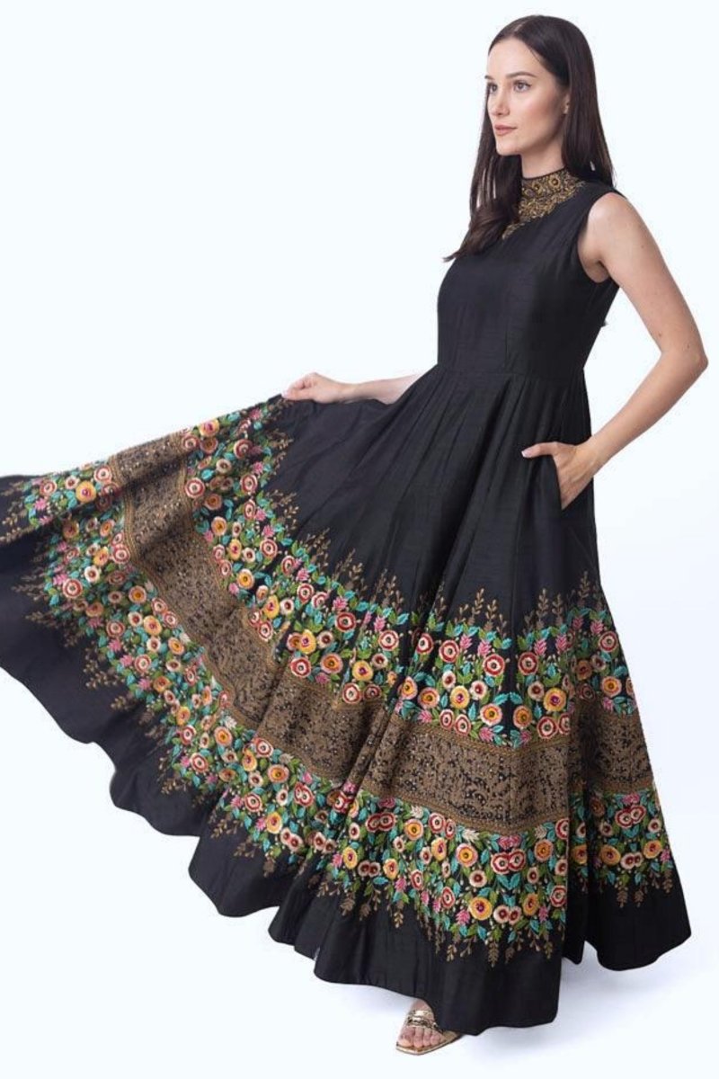Black High Neck Gown with Floral Embroidery-[bridal_lehenga]-Raas