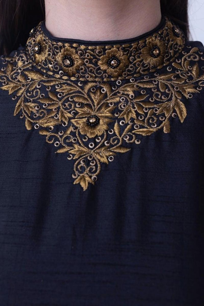 Black High Neck Gown with Floral Embroidery-[bridal_lehenga]-Raas