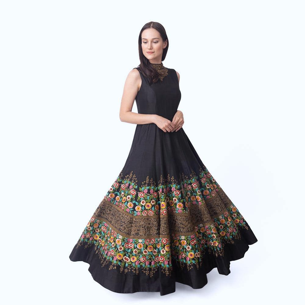 Black Gown with Floral Embroidery-Raas USA