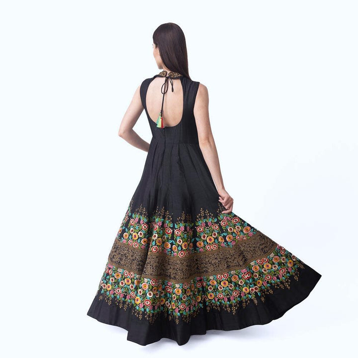 Black Gown with Floral Embroidery-Raas USA