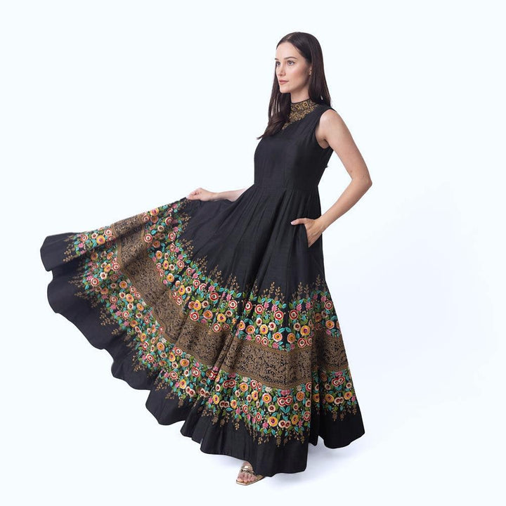 Black Gown with Floral Embroidery-Raas USA
