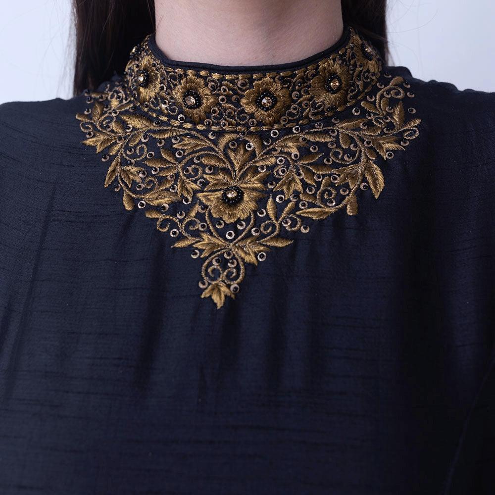 Black Gown with Floral Embroidery-Raas USA