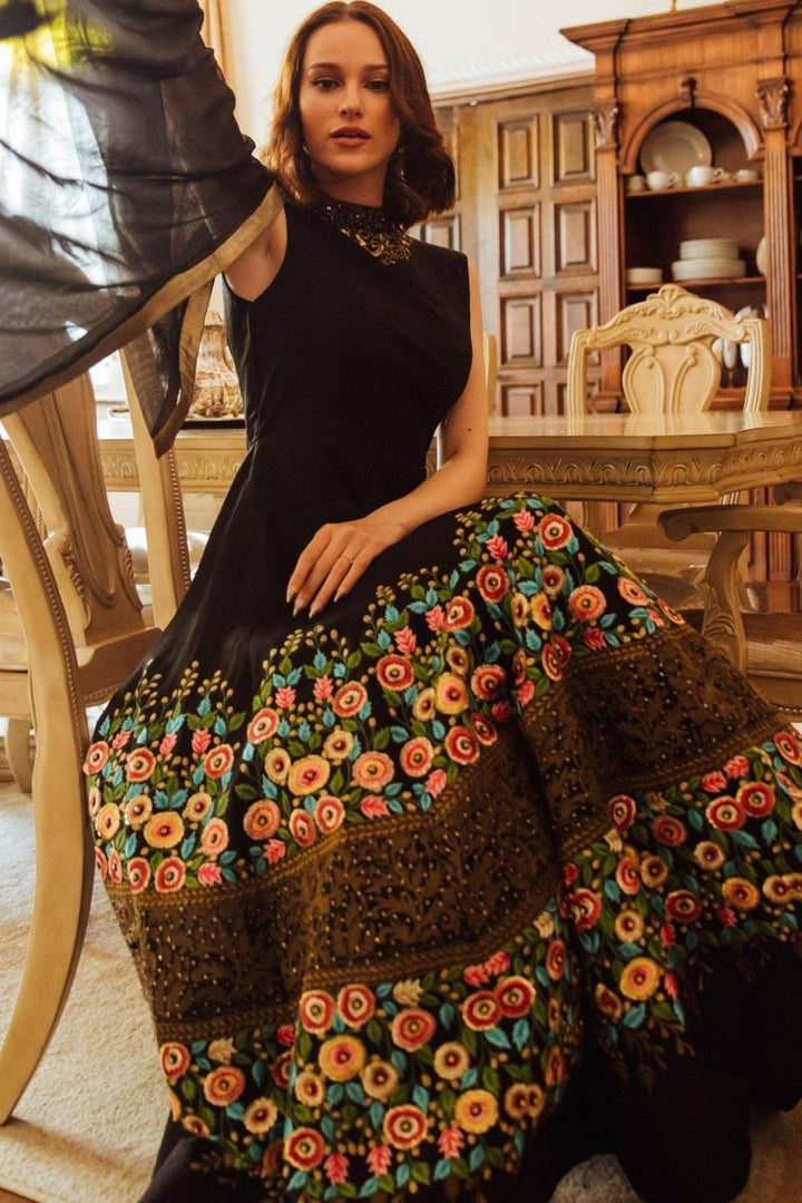 Black High Neck Gown with Floral Embroidery-[bridal_lehenga]-Raas