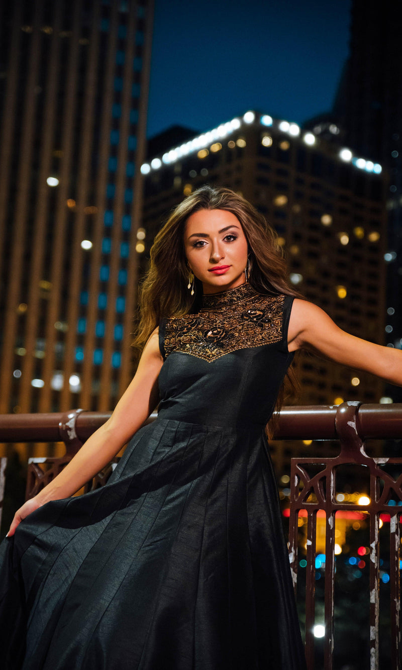black dress with gold embroidery Nox Anabel C1613 Fitted Prom Long Glitter Formal Dress