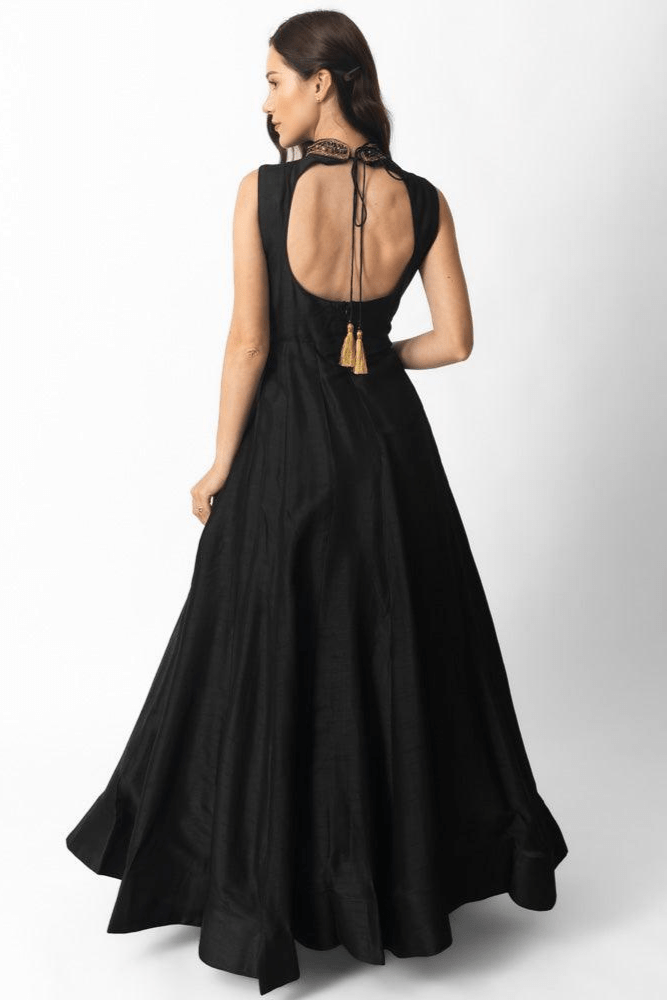 Black Gown with Hand Embroidery-Raas USA