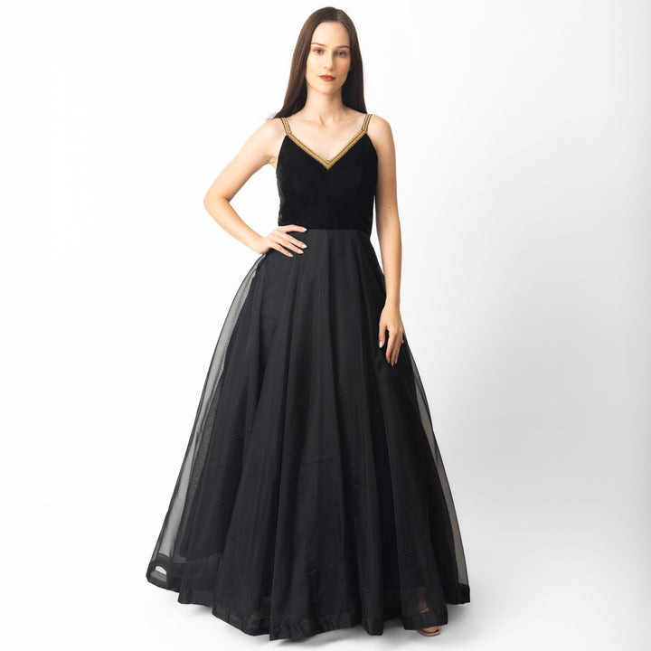 Black Gown with Hand Embroidery-Raas USA
