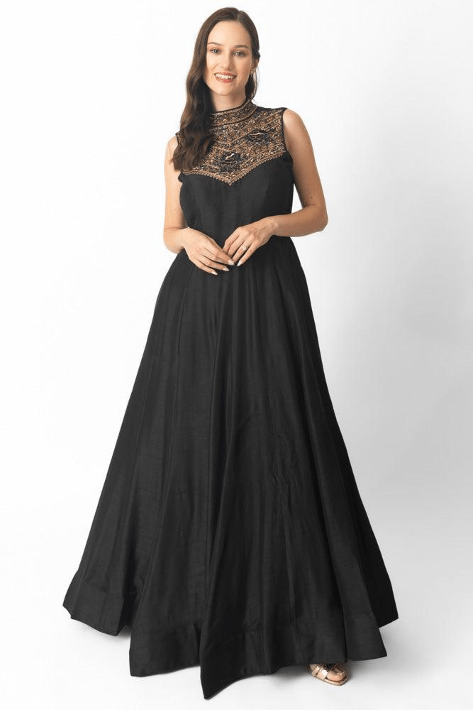 Black Gown with Hand Embroidery-Raas USA