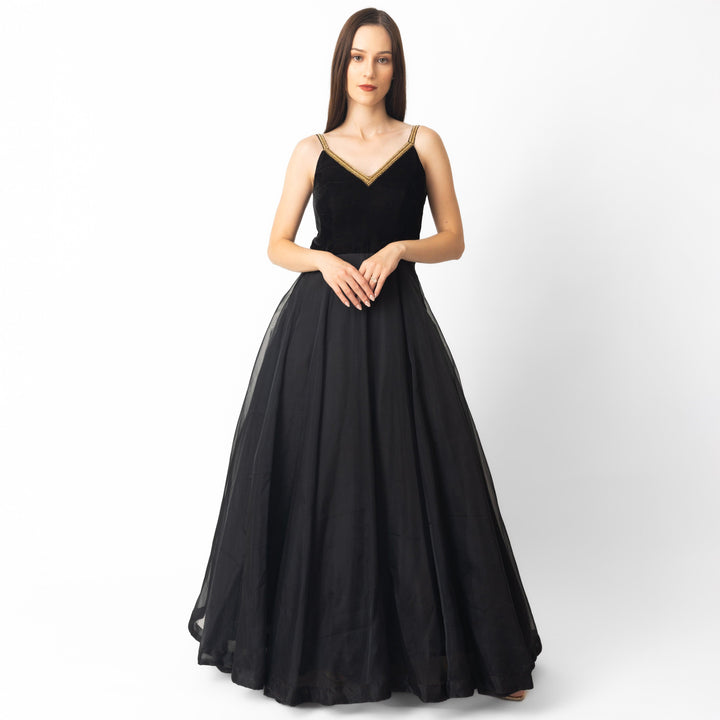 Black Gown with Hand Embroidery-Raas USA