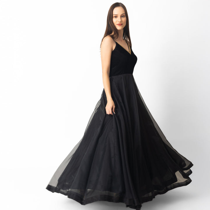 Black Gown with Hand Embroidery-Raas USA