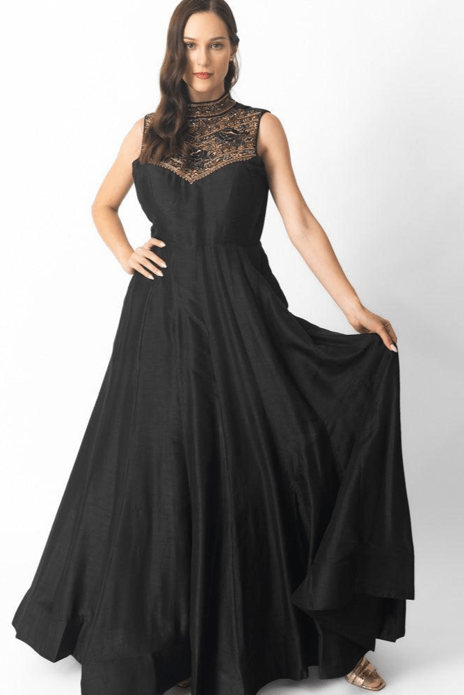Black Gown with Hand Embroidery-Raas USA