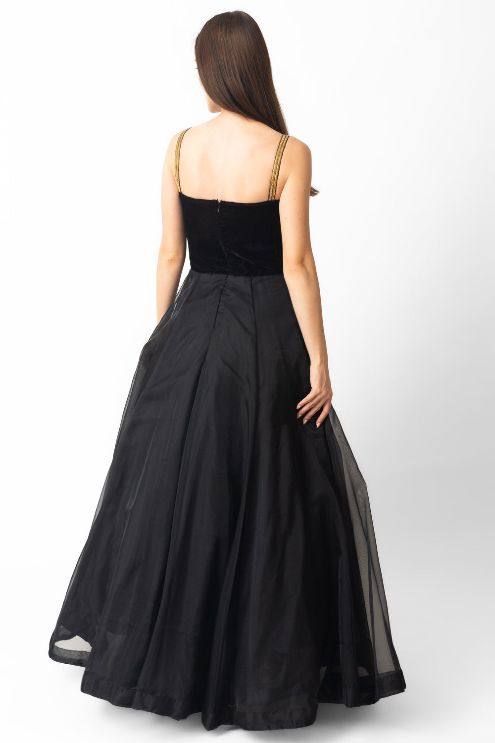 Vee Black Gown with velvet top, organza bottom, and golden hand-embroidered straps.