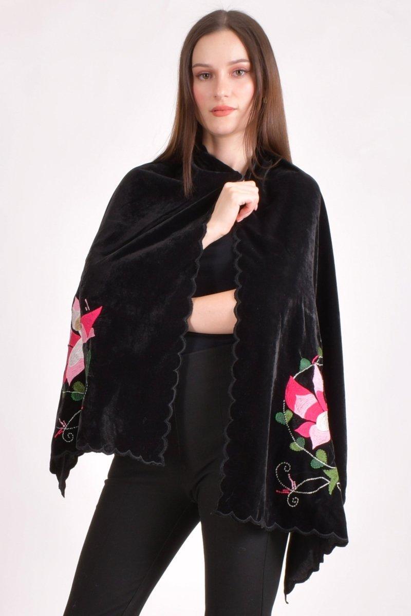 Black Hand Embroidered Velvet Scarf scarves & stoles RAAS