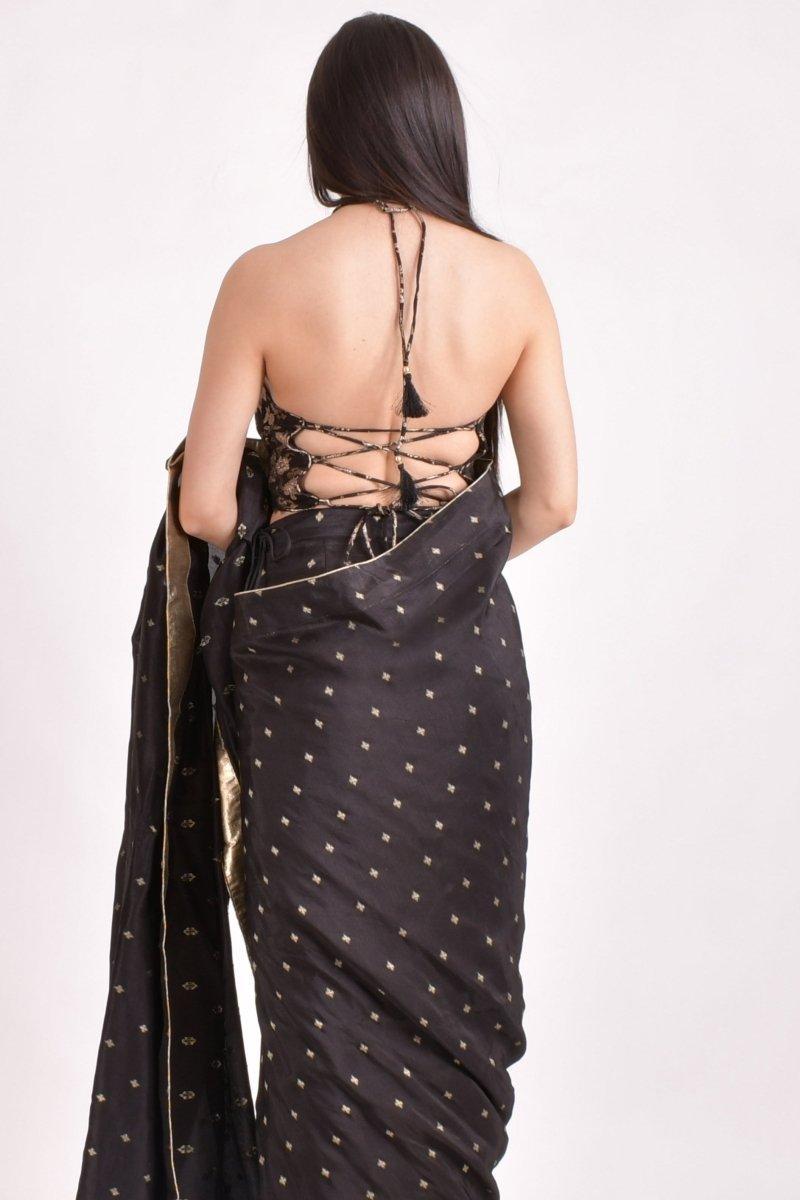 Black Jacquard Floral Pre-Pleated Saree-[pre_stitched_saree]-Raas