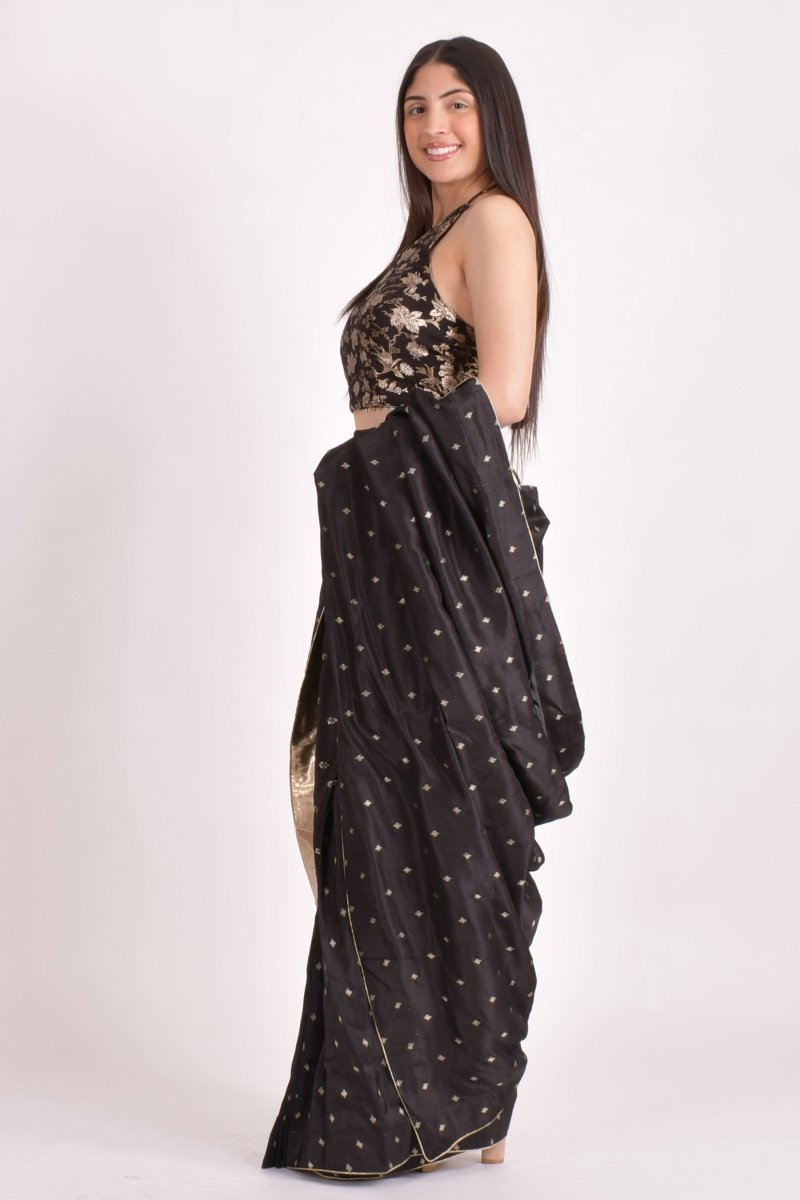 Black Jacquard Floral Pre-Pleated Saree-[pre_stitched_saree]-Raas