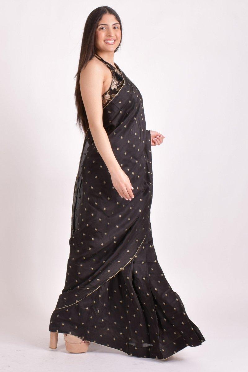 Black Jacquard Floral Pre-Pleated Saree-[pre_stitched_saree]-Raas