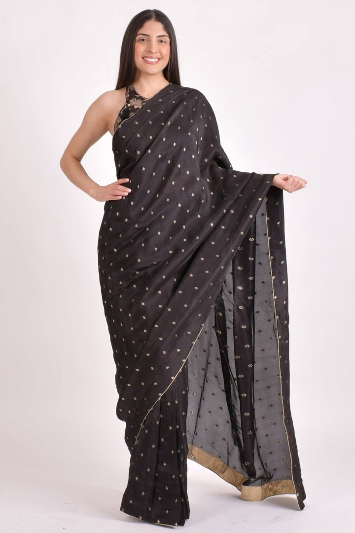 Black Jacquard Floral Pre-Pleated Saree-[pre_stitched_saree]-Raas
