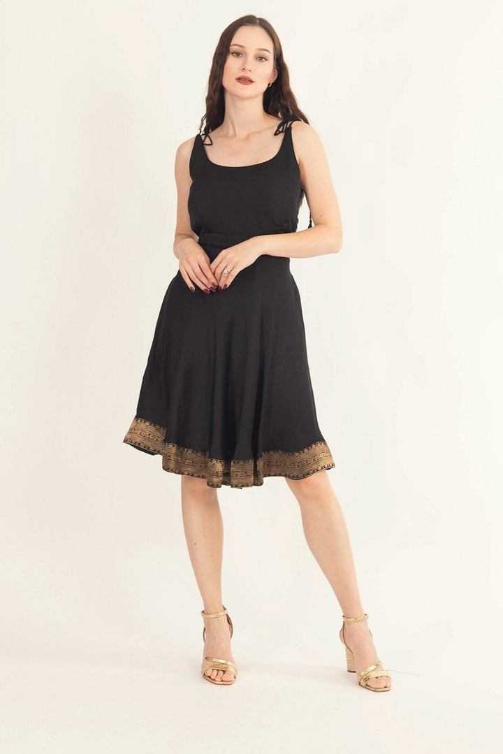 Black Mini Dress with Banarasi Silk Hem-Raas USA