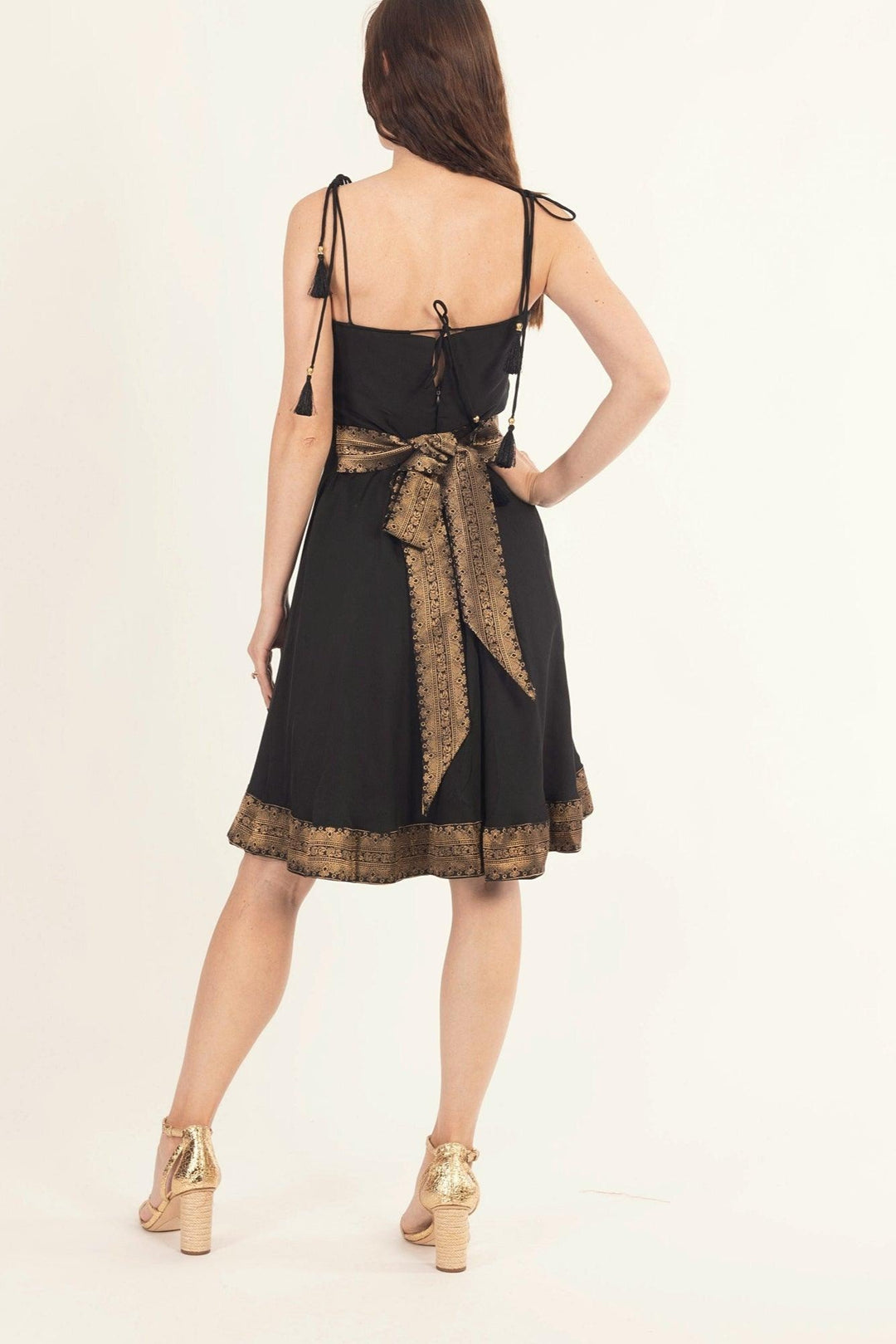 Black Mini Dress with Banarasi Silk Hem-Raas USA