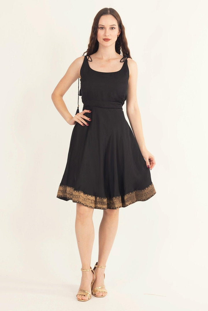 Black Mini Dress with Banarasi Silk Hem-Raas USA